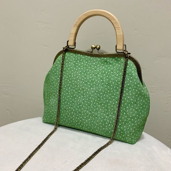 Handmade Genuine Nubuck Leather Embossed Wood Handle Kiss-lock Satchel Bag - Picture 7 of 13